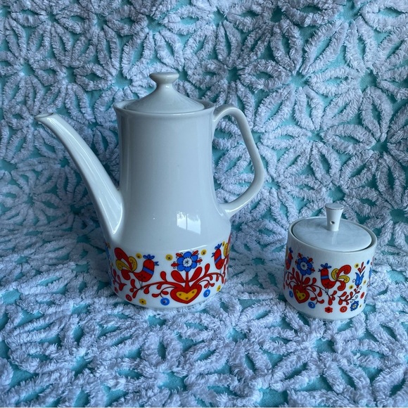 Vintage Teapot & Sugar bowl set Danish folk art partridge bird design MCM - Picture 2 of 8